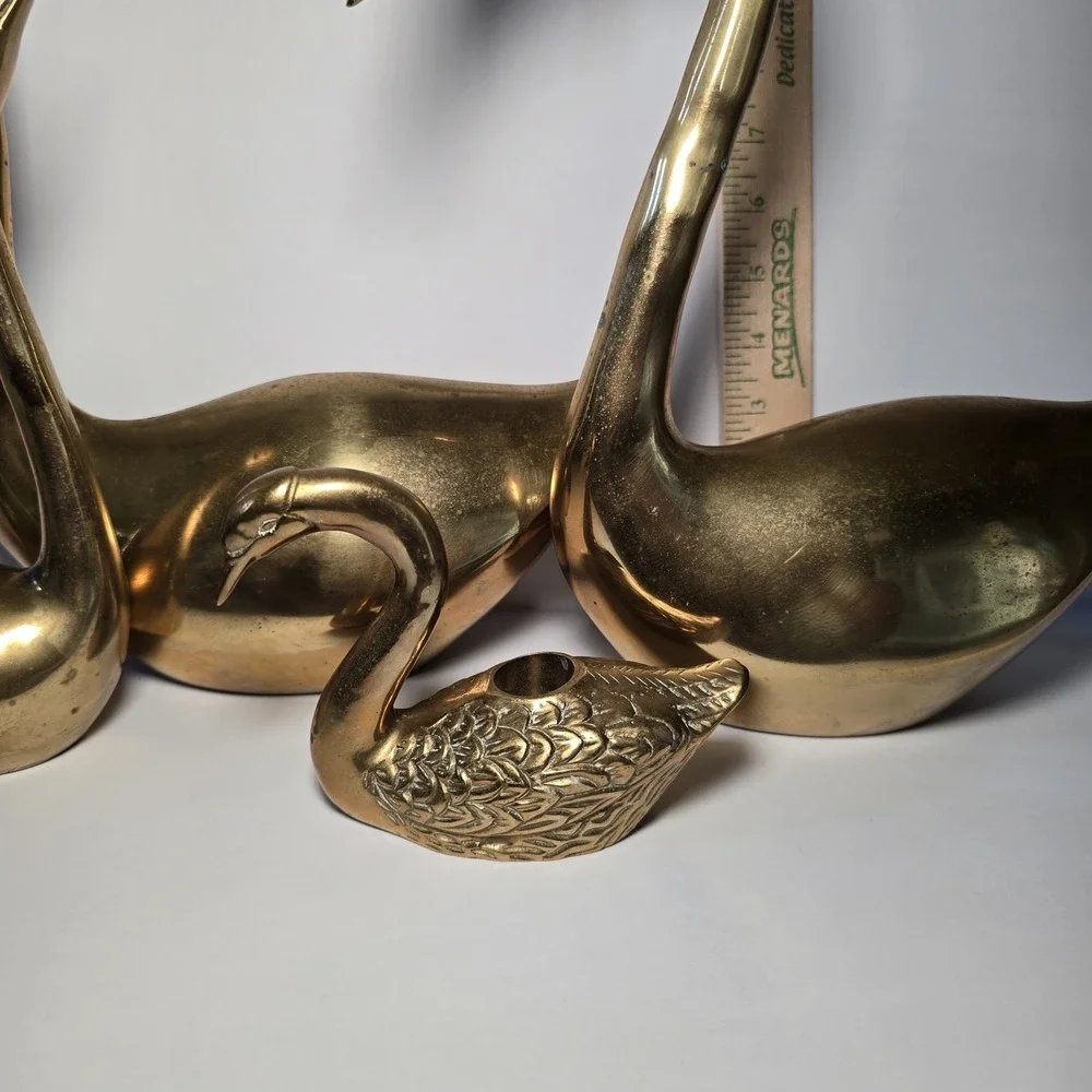 Vtg lot of 4 Large Solid Brass Swan Sculptures MCM Patina Aging Different sizes